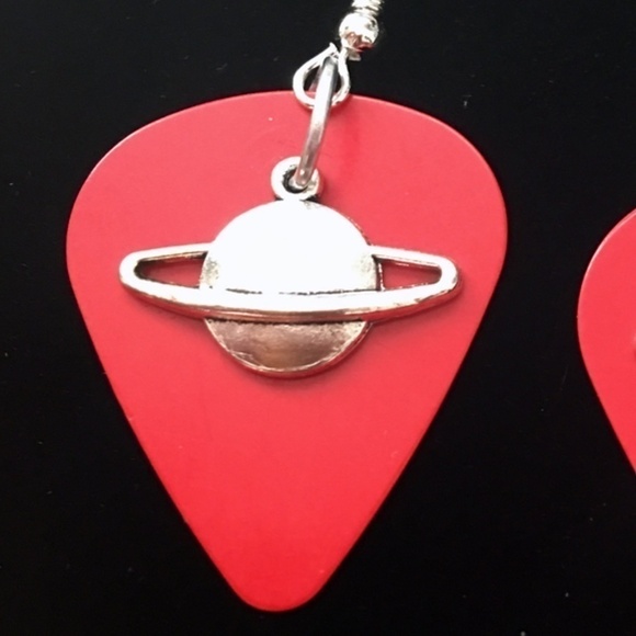 HAND Crafted Earrings Recycled Guitar Picks Planet on Fire Theme - Picture 3 of 5